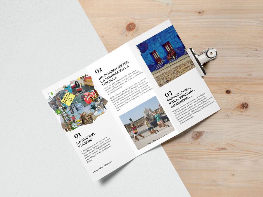 Tríptico tamaño A4 abierto mostrando diseño e impresión de imprenta.